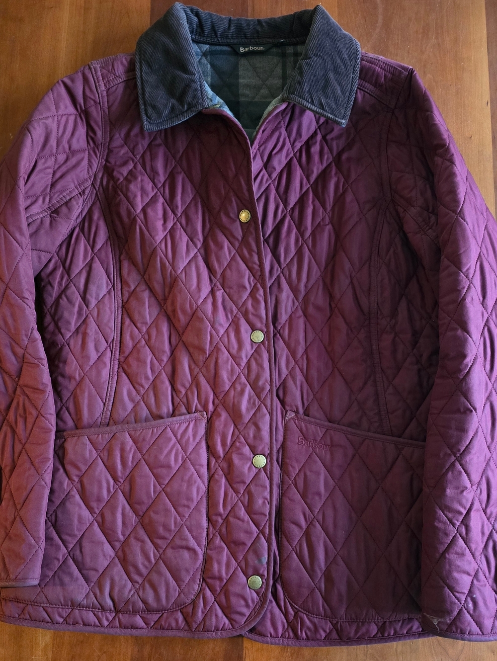 Barbour Quilted Jacket in Plum with Corduroy Collar, Winter Tartan Lining